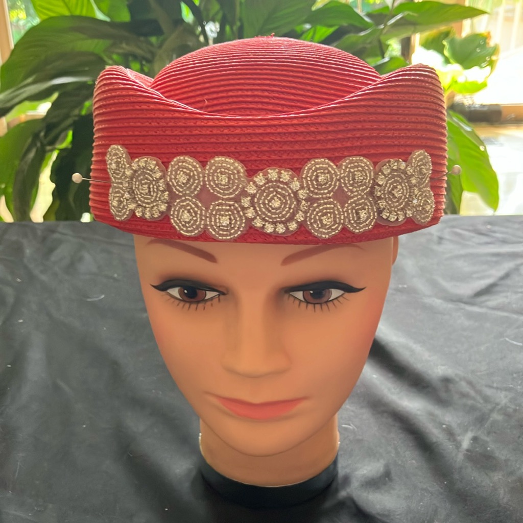 Elegant Red Hat With Silver Rhinestone Beaded Embellishments